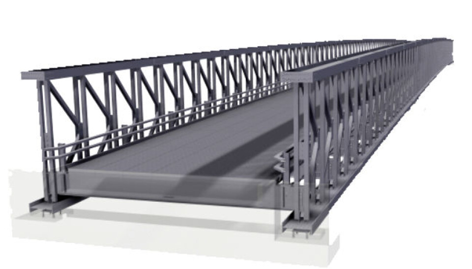 Illustrasjon av den midlertidige brua for E6-trafikken over elva Stavåa, ei Mabey-bru som er en type fagsverksbru.