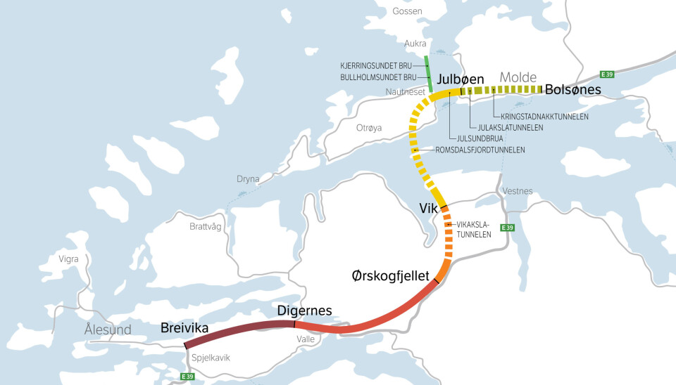 E39 Ålesund-Molde inneholder flere tunneler, bruer og veistrekninger. I første omgang skal strekningen fra Ørskogfjellet mot Molde ut på anbud.