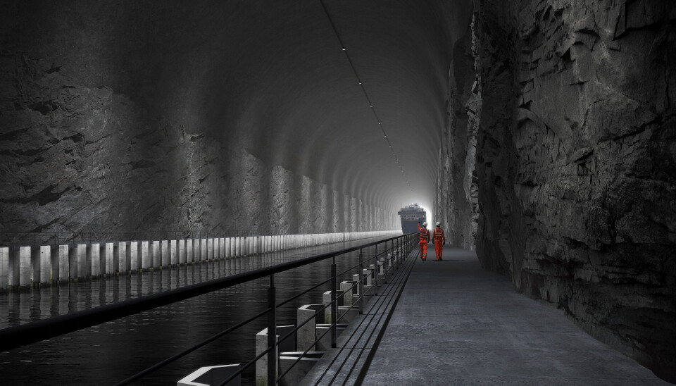 Illustrasjonen viser hvordan skipstunnelen vil se ut innvendig. På hver side er det en 3,5 meter bred fendret ledekonstruksjon. Dette er mest for at ikke bruvingene på båtene skal ta borti tunnelveggene, men feltet kan i tillegg kan brukes ved eventuell evakuering, og har dermed status om rømningsvei.