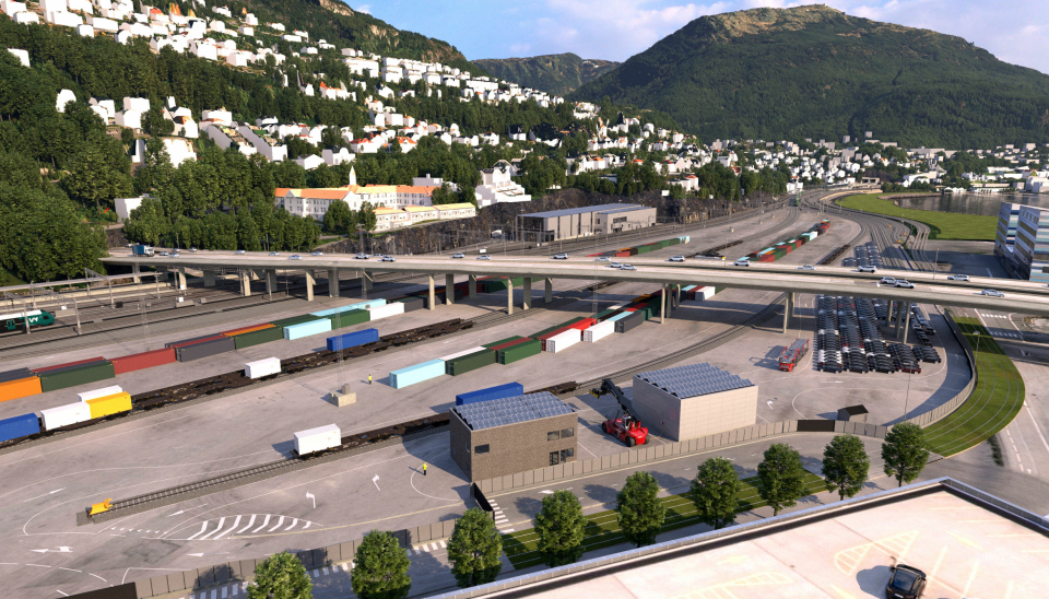 Slik blir den nye utslippsfrie godsterminalen på Nygårdstangen i Bergen, når den står ferdig i 2024.