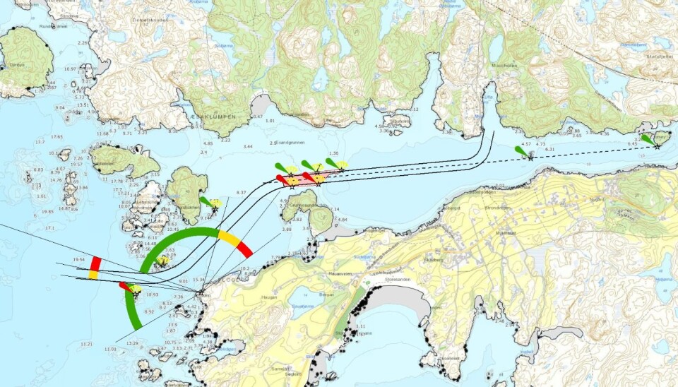 Slik skal farleia bli. Anleggsarbeidet skal foregå i det røde området ved Grunnesundsholmen.
