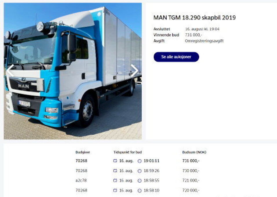 SOLGT: Samme kveld var MAN-bilen solgt via nettauksjonen til Nordea Finance. Salgsprisen stoppet på 731.000 kroner. Foto: Nordea Finance