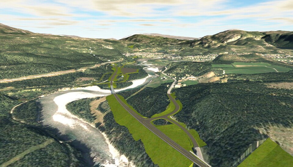 Ny E6 forbi Trofors sett fra sør med kryssing av Svenningelva. Ny E6 forbi Trofors sett fra sør med kryssing av Svenningelva.