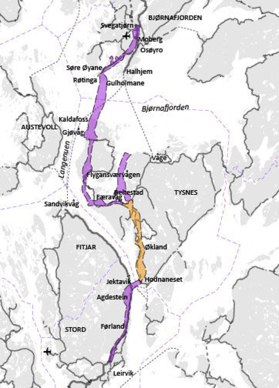 Varslingsområde for reguleringsplan. Området som skal konsekvensutredes, er vist med brun farge.