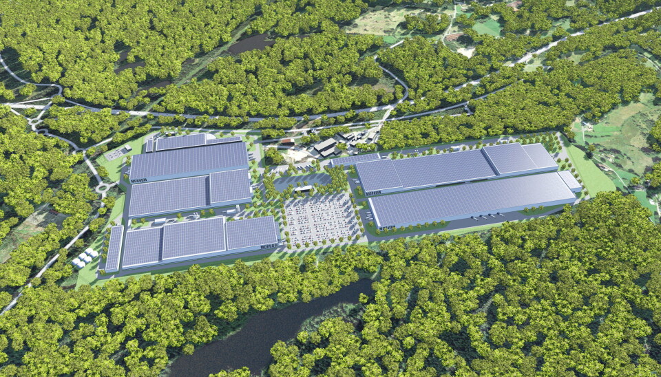 GIGANTISK: Den planlagte batterifabrikken til Morrow Batteries i Arendal. Illustrasjon: Morrow Batteries