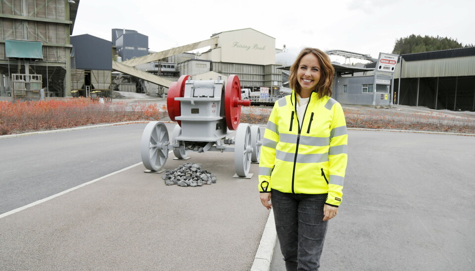 LANG DRIFT: Det er blitt produsert steinmaterialer hos Feiring Bruk i mange tiår. Her er konsernlederen like utenfor hovedbygget, og foran en knuser av noe eldre modell. Foto: Klaus Eriksen