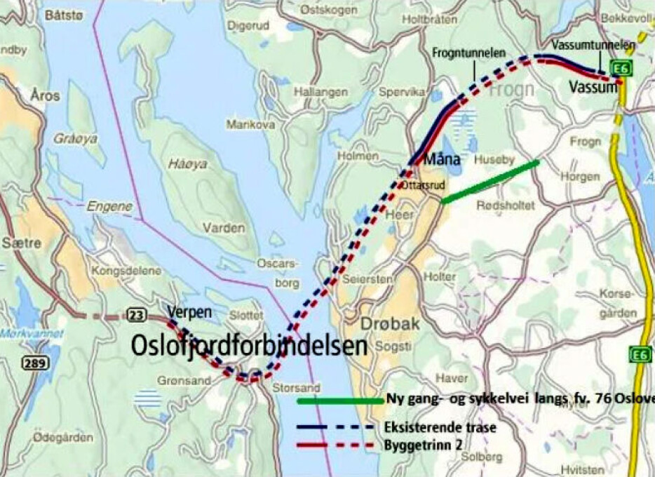 Dagens tunnelløp markert med svart, nytt med rødt.