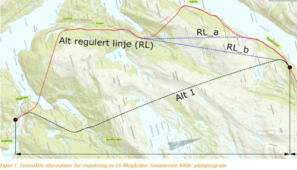 Etter en helhetsvurdering, tas den østlige veilinjen (Alt 1.) ut av det videre planarbeidet for ny E6 gjennom Sørfold i Nordland.