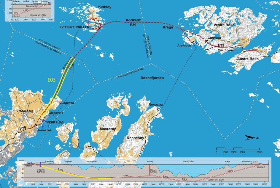 Rogfast E03-kotrakten som nå er lyst ut, er merket med gult på oversiktene.