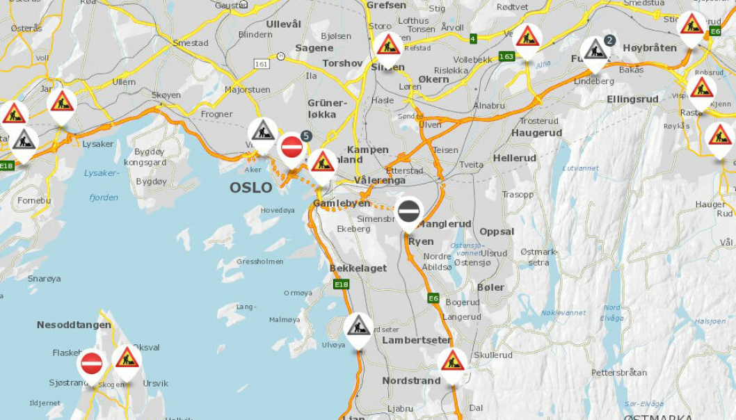 På Vegvesen.no/trafikk, får man full oversikt over trafikkavvikling, veiarbeid og redusert fremkommelighet i sanntid. Planlagt veiarbeid ligger også inne i kartet.