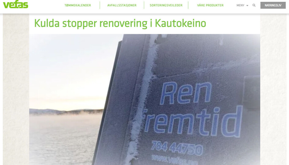 Skjermbilde fra Vefas.no, nettsiden til avfallsselskapet Vefas IKS i Finnmark.