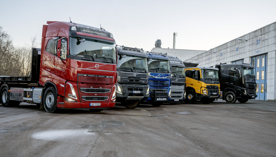 REKKE: Volvo FH460 LNG krokbil (t.v.), FMX540 6x4 dumper, FH540 6x4 brøyterigget dumper, FH16 750 6x4 itppsemi, FMX 540 8x4 stordumper og FH16 750 6x4 med trippelkjerre er de nye anleggsdemobilene til Volvo. I tillegg en ny FE Electric på vei.