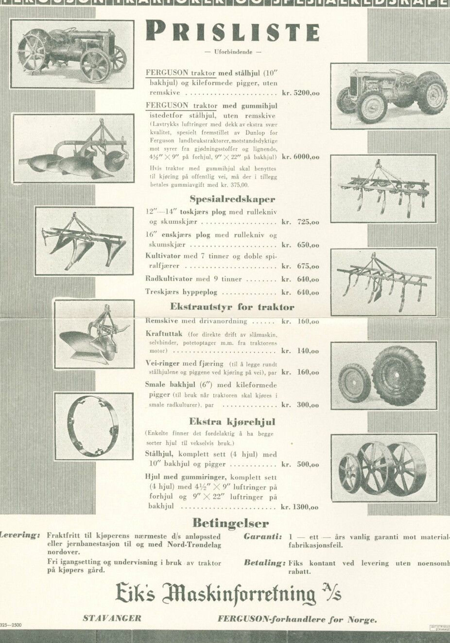 IMPORT: Eikmaskin ble første eksportselskap for Ferguson i 1937. Her en prisliste/plakat av tidlig historie.