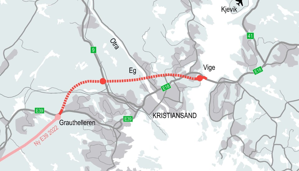 Streknikngskart over E39 Ytre Ring i Kristiansand.