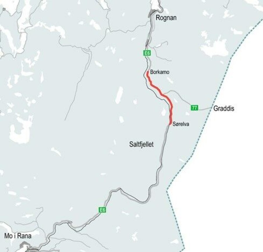 Oversiktskart over E6 Sørelva-Borkamo i Nordland.