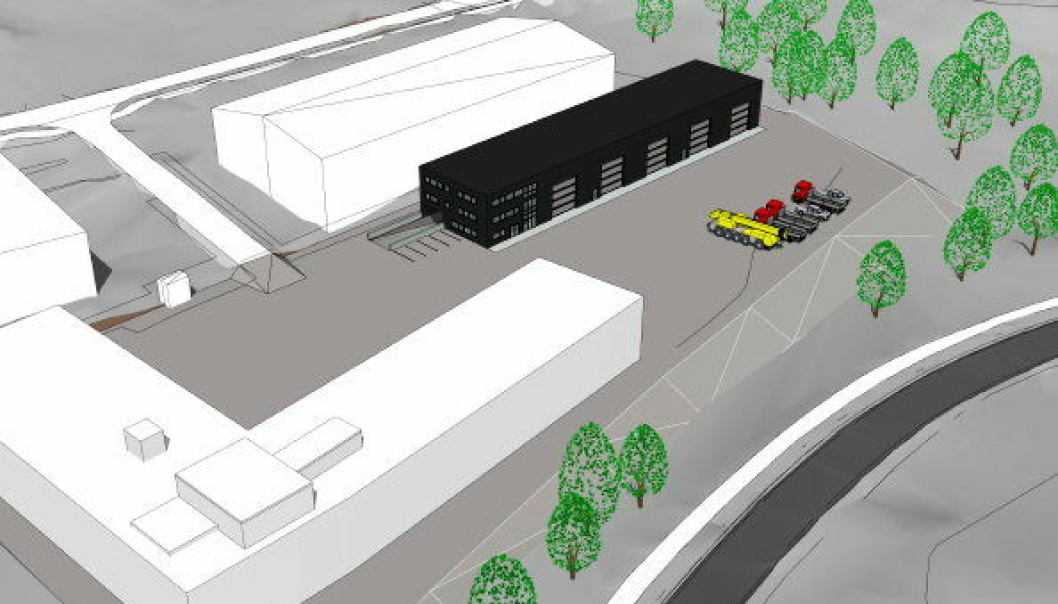 NYTT BYGG: Det sorte bygget blir det nye bygget med en kontorfløy og store lagerlokaler. I kjelleren blir det 45 parkeringsplasser.