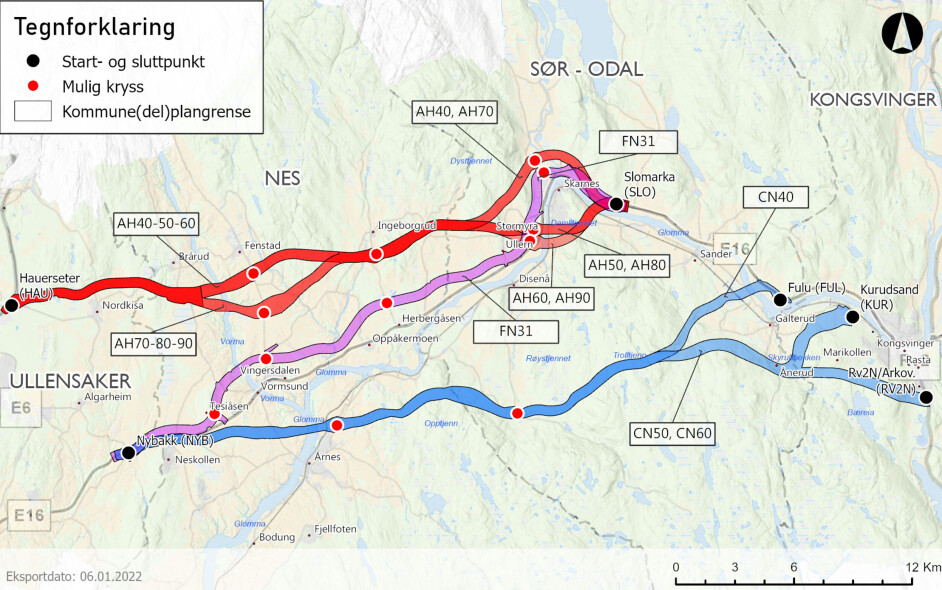 Illustrasjonen viser de tre planalternativene med ulike varianter som skal legges ut til offentlig ettersyn og høring. Nye Veiers anbefaling er blå linje CN40.