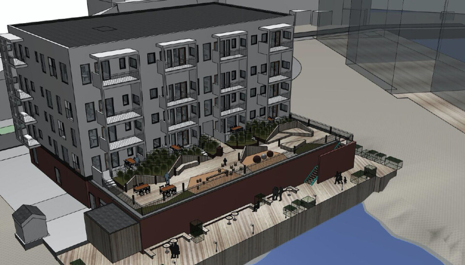 Avisgata 5 i Svolvær skal totalrenoveres. Den øverste etasjen blir et påbygg. Illustrasjon: Stein Hamre arkitektkontor.