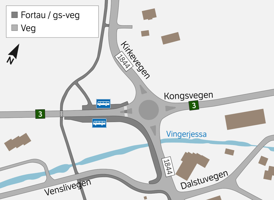 Veenskrysset er planlagt bygget om til rundkjøring. Kartillustrasjonen viser hvordan den nye rundkjøringen vil se ut når den står ferdig i 2022. Man skal også skifte ut brua som krysser Vingerjessa. I tillegg er det planlagt nye vann og avløpsrør og vedlikehold av en støyskjerm.