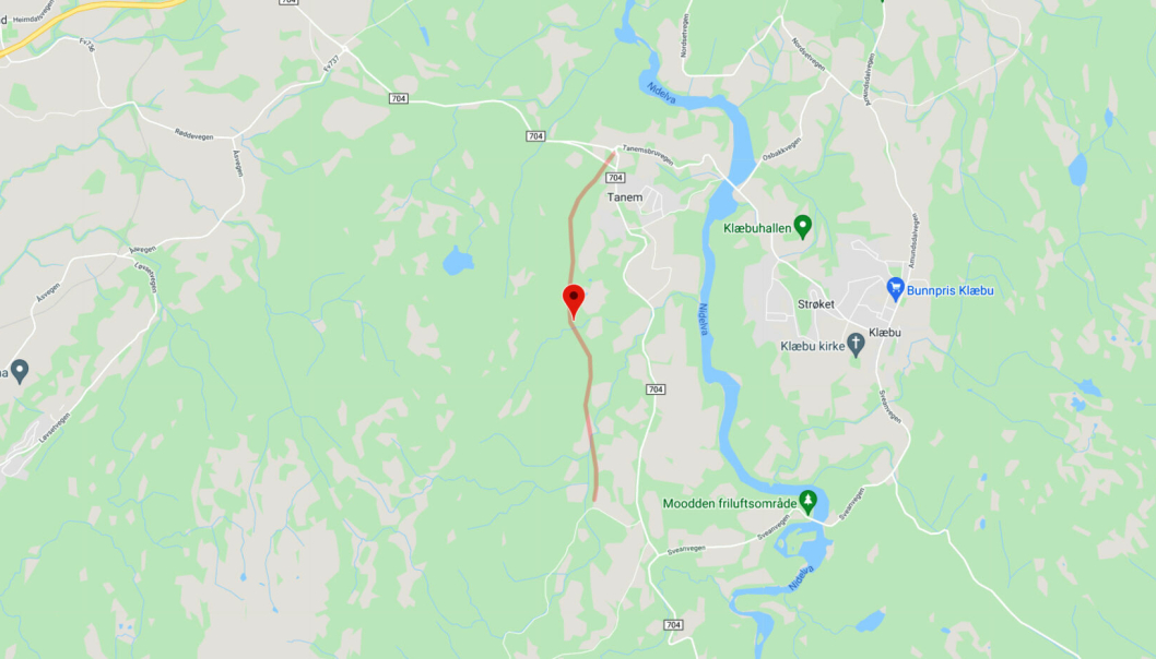 Miljøpakken/Trøndelag fylkeskommune skal bygge 4,5 km ny fv. 704 (markert med rødt) fra Tanem til Tulluan.