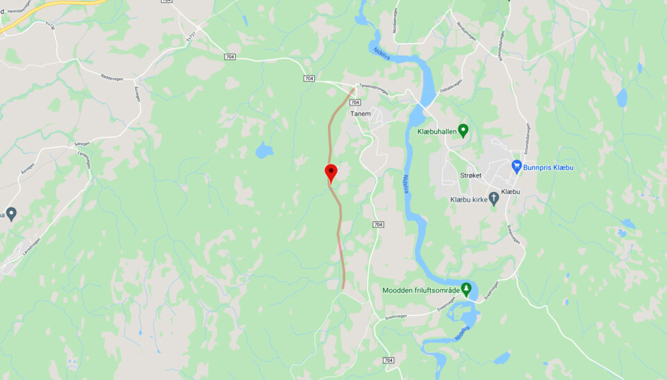 Miljøpakken/Trøndelag fylkeskommune skal bygge 4,5 km ny fv. 704 (markert med rødt) fra Tanem til Tulluan.