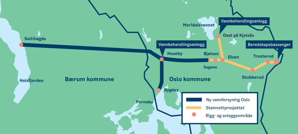 Oslo kommune skal ha på plass ny vannforsyning fra Holsfjorden. AF Ghella skal i den anledning bygge rentvannstunneler mellom Huseby, Oset og Stubberud (se illustrasjonen).
