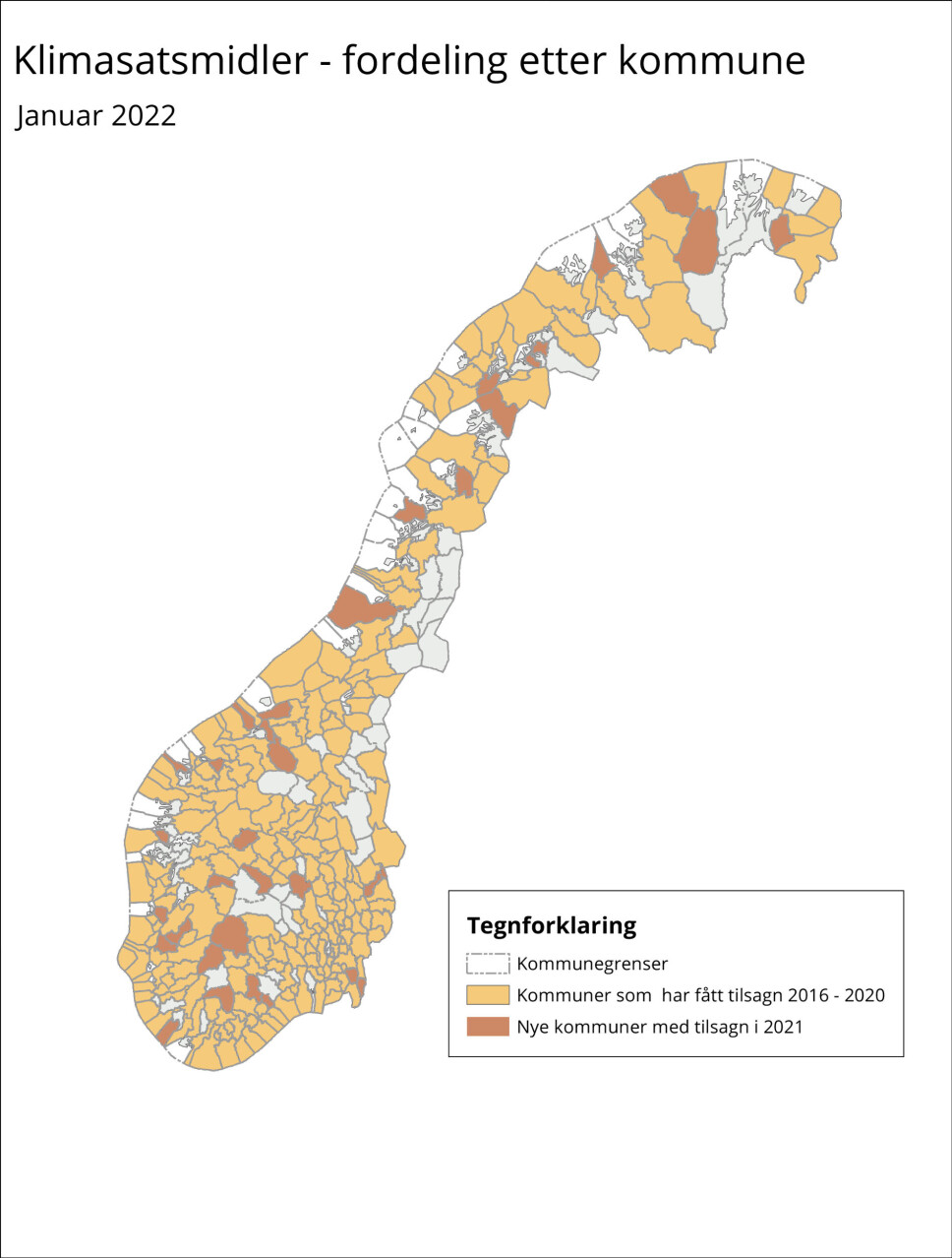 Klimasats-støtte i alle landets fylker: Kartet viser kommuner som har fått Klimasats-støtte. Illustrasjon: Miljødirektoratet