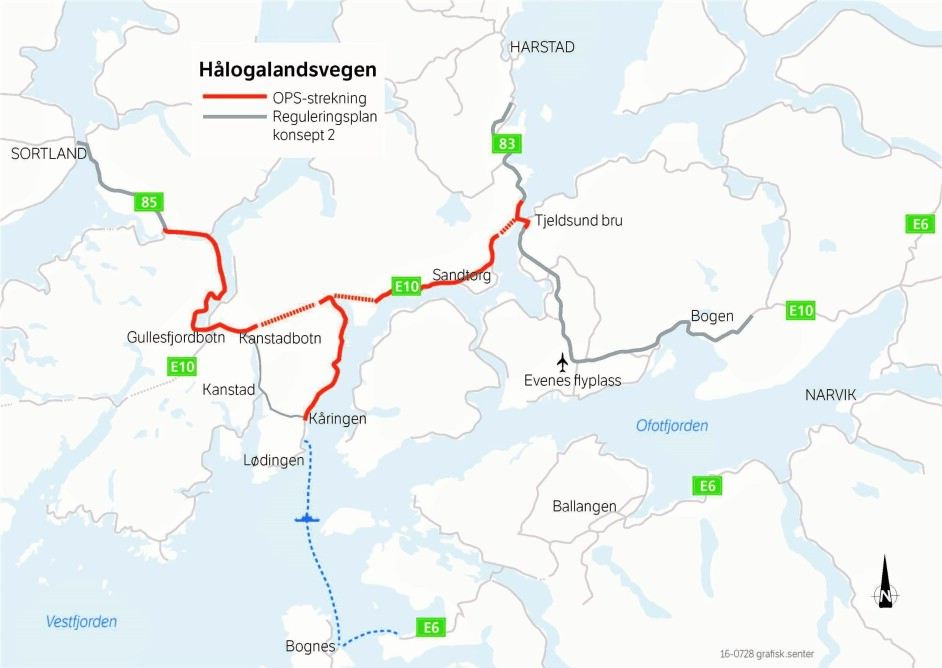 DETTE SKAL GJØRES: Kontrakten omfatter 82 km ny vei fordelt på strekningene rv. 85 fra Sigerfjordtunnelen til Gullesfjordbotn, E10 fra Gullesfjordbotn til Steinsland v/Tjeldsund bru, rv. 83 fra Tjeldsundbrua til Fauskevåg og rv. 85 fra Kåringen til Fiskefjord. Det skal bygges totalt 27 km tunnel fordelt på sju tunneler. Selve utbyggingen er forventet å ligge på rundt 9 milliarder kroner.