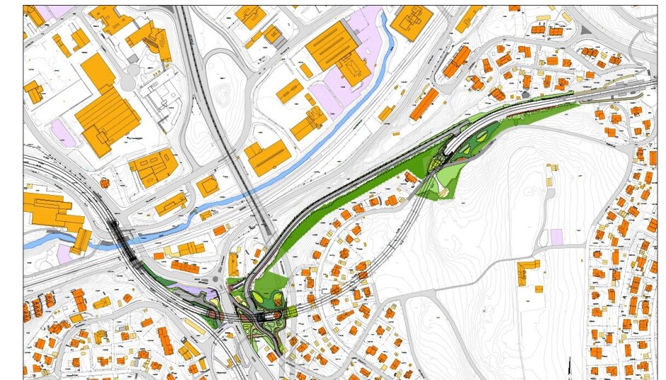 Kartet viser prosjektområdet for Østensjøbane-prosjektet, fra Brynseng i vest til Hellerud i øst.