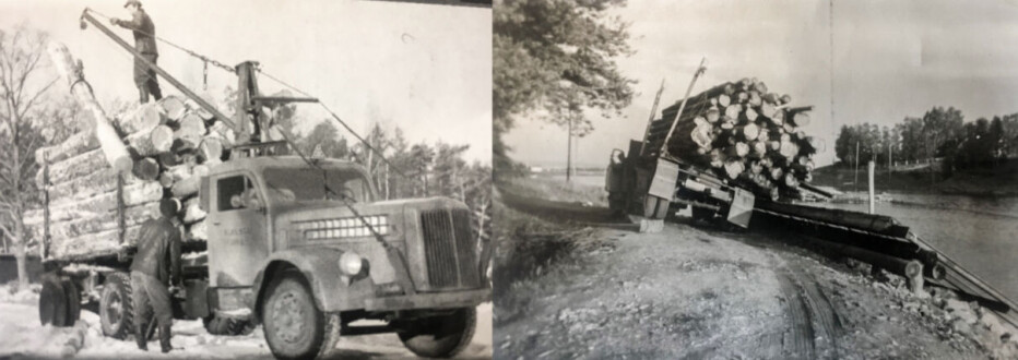 Her jobber farfar Kåre Rustad og far Ola Rustad på med lasting og lossing av tømmer. Bildene er fra rundt 1965.