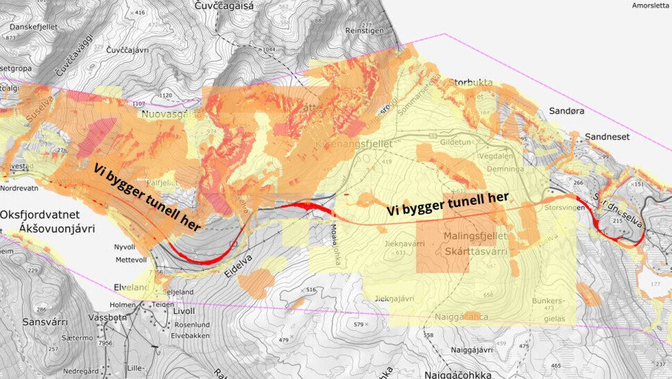 E6 Kvænangsfjellet, hvor røde områder angir punkter med høy risiko knyttet til vind, skred og snødrift. Nye Veier løser utfordringene med to tunneler.
