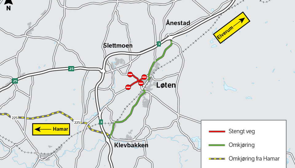 Gamle rv. 3 Kongsvegen, Stasjonsvegen inn mot Løten sentrum og Kirkevegen mot Brenneriroa må stenges for all trafikk i perioden 21. mars til 14. oktober.