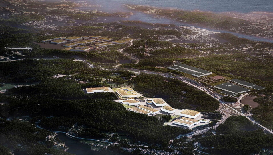 MORROW BATTERIES: Det er området som er lysest som Repstad Gruppen har sikret seg. Dette er på andre siden av E18 for kommende Morrow Batteries-fabrikken i Arendal. (Illustrasjon: Eyde Material Park)