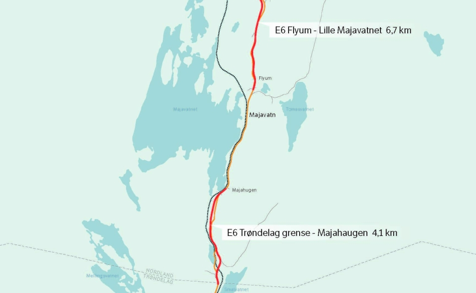 Arbeidene omfatter prosjektering og bygging av omkring 9,6 km ny E6 med fartsgrense 90 km/t på strekningen Trøndelag grense-Majahaugen og Flyum-Kappfjellia. I tillegg skal strekningen Kappfjellia-Lille Majavatn klargjøres for 90 km/t.