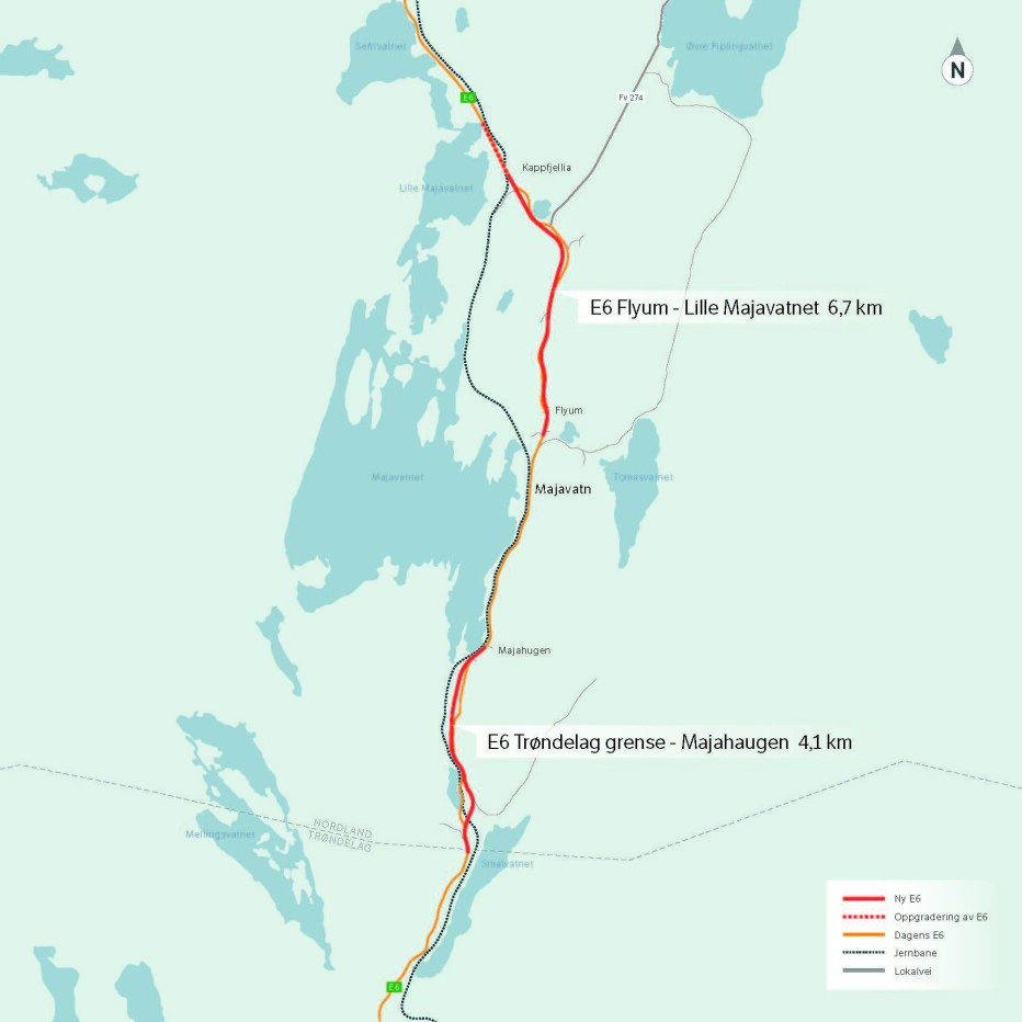 Arbeidene omfatter prosjektering og bygging av omkring 9,6 km ny E6 med fartsgrense 90 km/t på strekningen Trøndelag grense-Majahaugen og Flyum-Kappfjellia. I tillegg skal strekningen Kappfjellia-Lille Majavatn klargjøres for 90 km/t.
