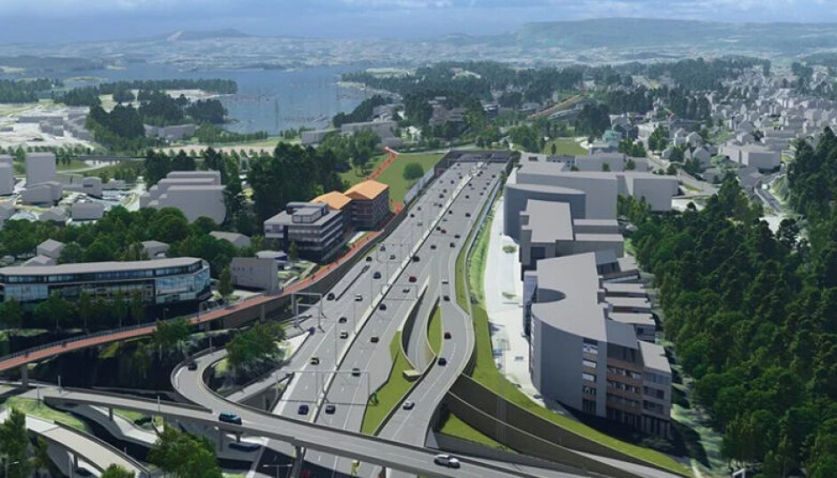 Illustrasjon av fremtidens E18. Bygging av nytt Fornebukryss (nærmest) og Stabekklokket (i bakgrunnen) inngår i entreprise E102 Fornebukrysset-Strand.