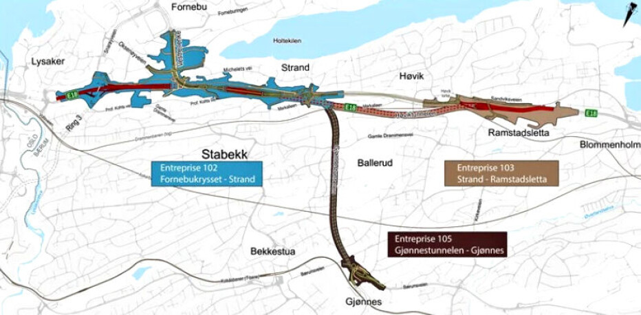Hovedentreprisene på prosjektet E18 Lysaker-Ramstadsletta. Den største entreprisen, E102, lyses ut nå.