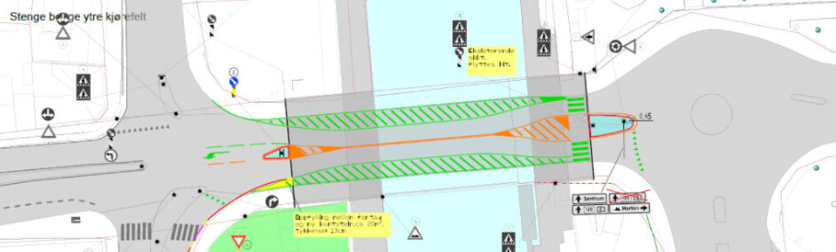 Skisse av hvordan man tenker å stenge av de ytre kjørefeltene på Kanalbrua i Moss.