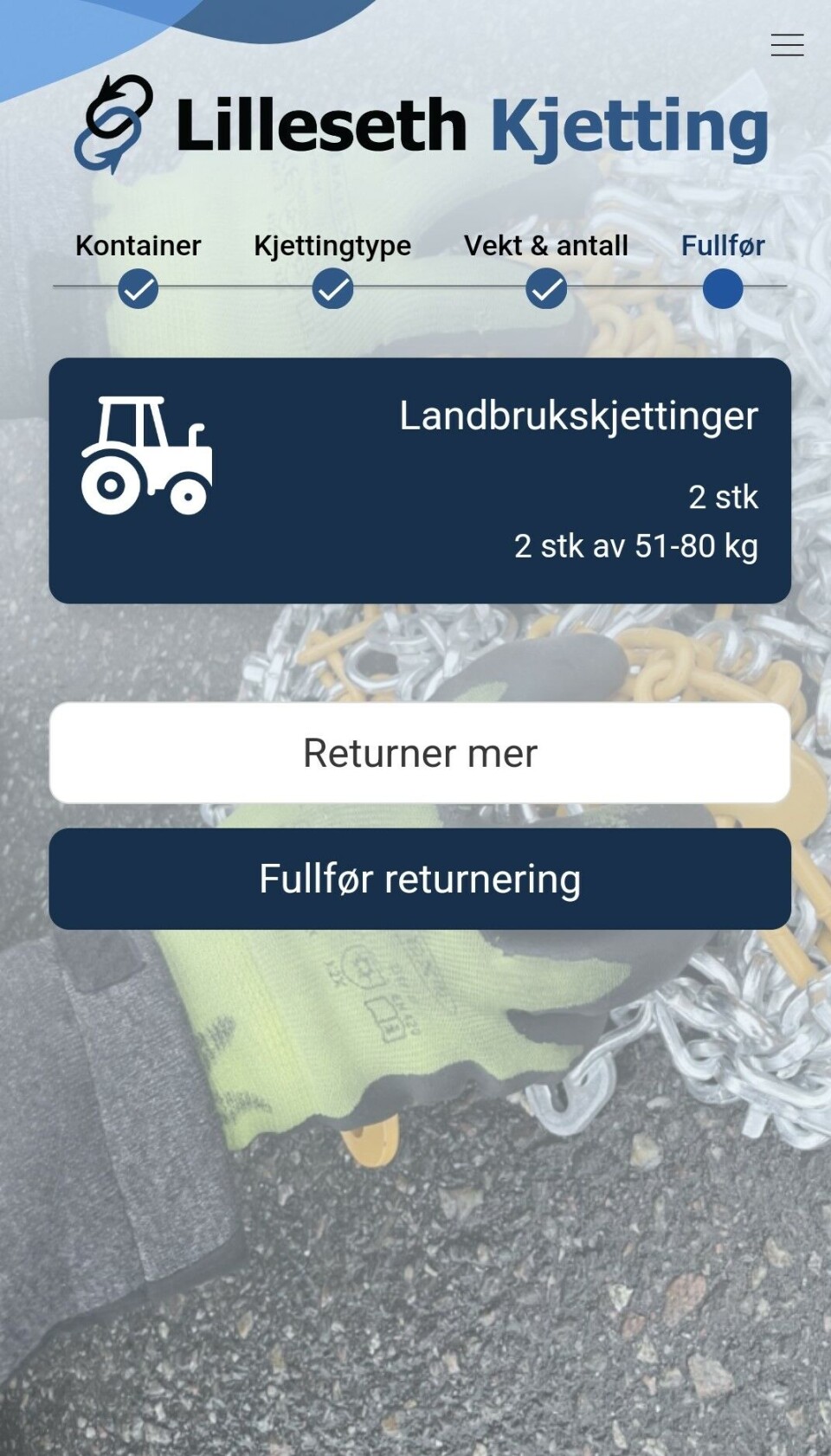 Skjermbilde av retur-appen.