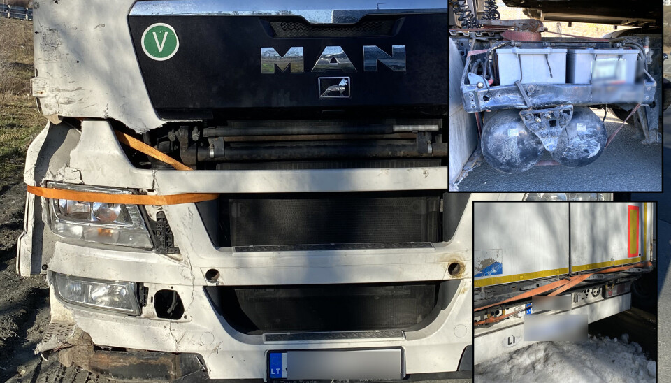 Litauisk vogntog ble kjørt fullt lastet, med nødløsning på bremsene, sammenstroppet, med punktert drivdekk og med rammeskjev semitrailer etter utforkjøring, for å levere varer i Trondheim.