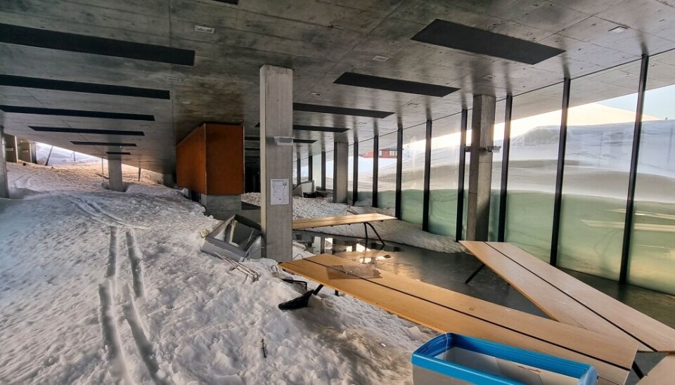 Det er mye snø inne i kafébygget.