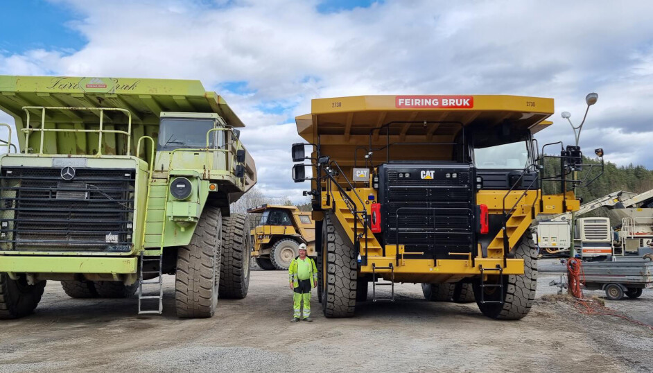 Feiring har mottatt sin andre nye Cat 777G. Dermed skal de to Euclid R130-dumperne (den ene t.v. på bildet) fra 1986 og 1987 pensjoneres. Både ledelsen og maskinførerne ser frem til den nye hverdagen.