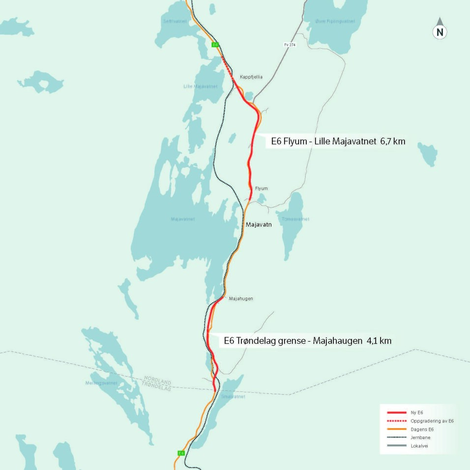 Ny veilinje går stort sett i jomfruelig terreng utenfor eksisterende E6. Det gjør rask og effektiv utbygging mulig.