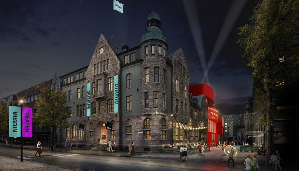 Skissetegning av nye Hjorten Teater og Posten Moderne Kunstmuseum.