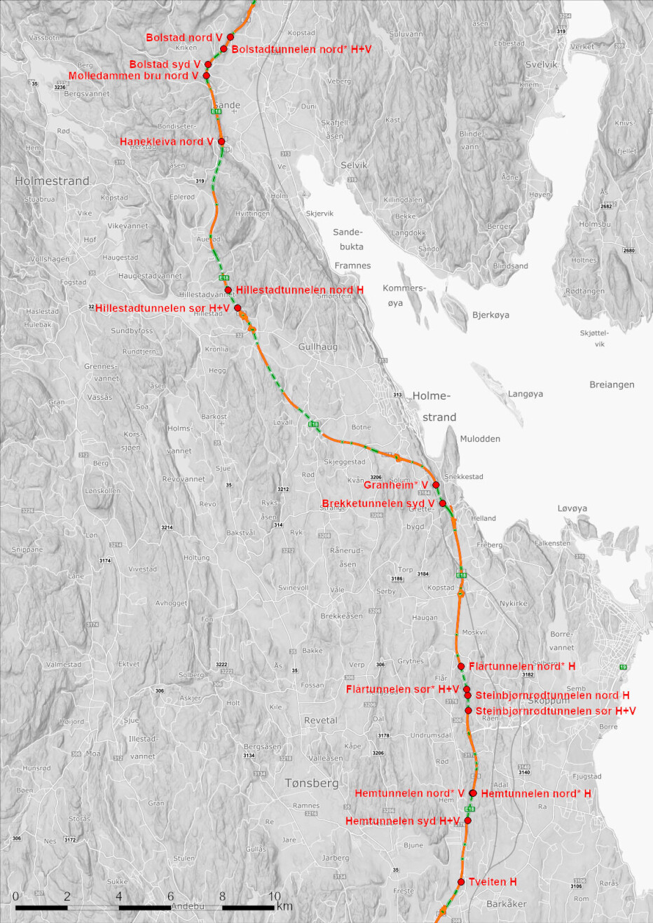 I alt 17 punkter på strekningen fra Gulli ved Tønsberg i sør til grensa til Viken fylke i nord sikres.