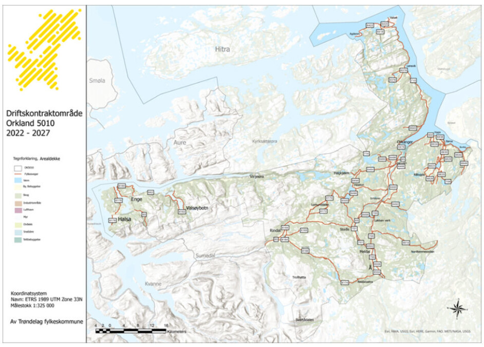Orkland-kontrakten markert med røde veier.
