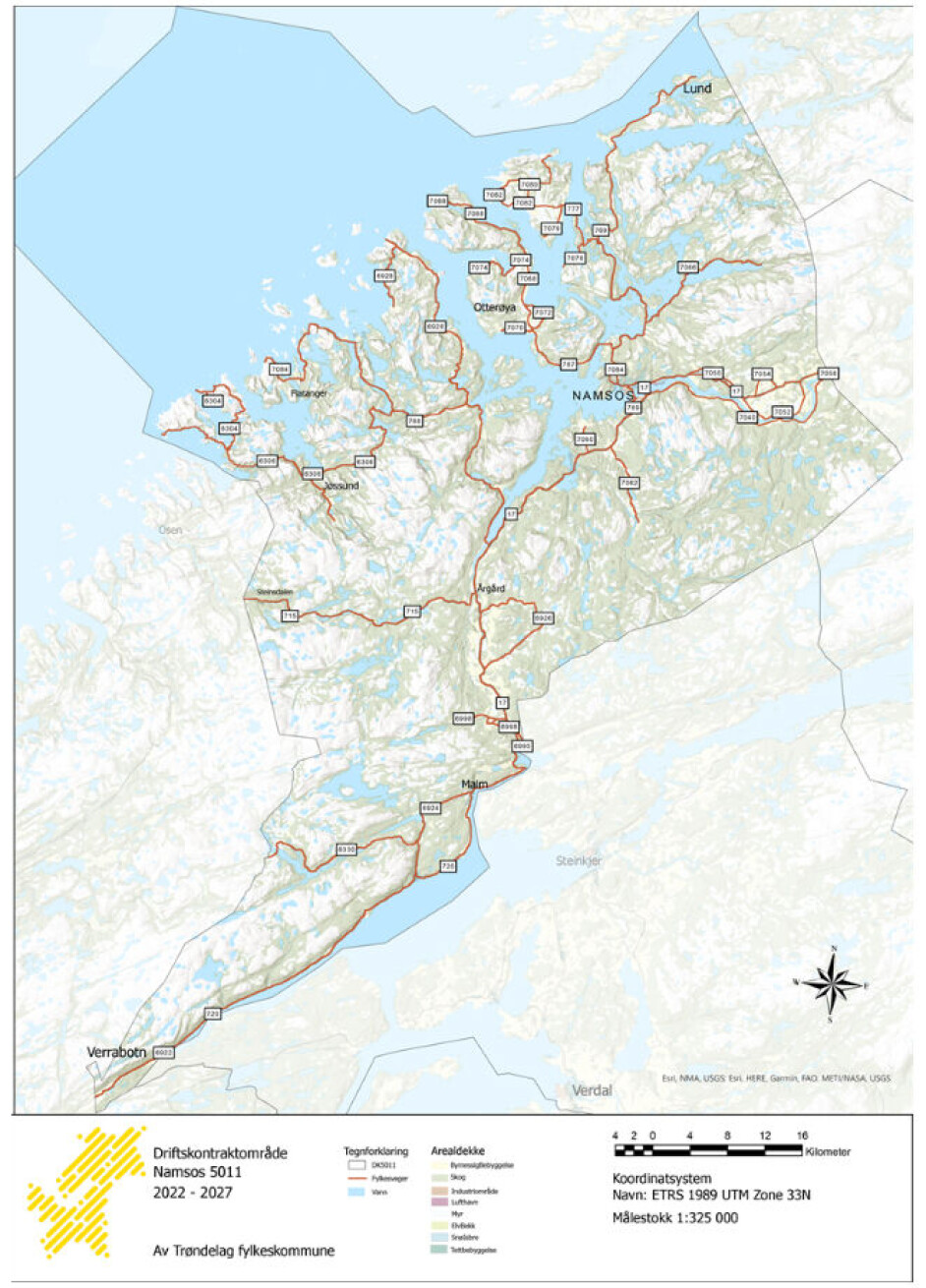 Namsos-kontrakten markert med røde veier.