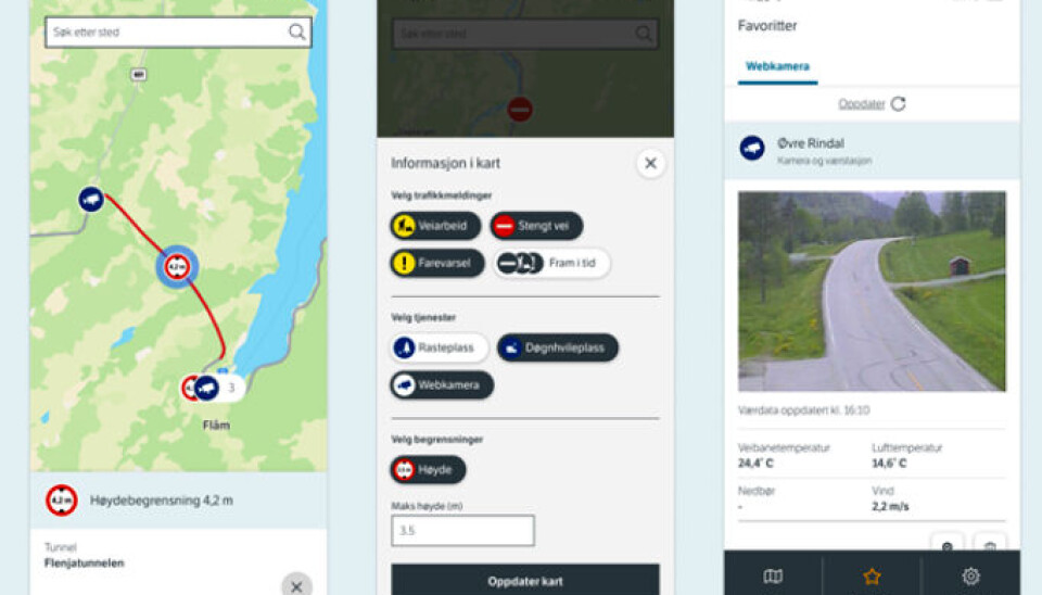 I Vegvesen Trafikk-appen kan du blant annet planlegge og se reiseruter med angivelse av høydebegrensninger i kart. I kartet kan du også se trafikkmeldinger, opplysninger om hva du finner på de enkelte pauseplassene, og informasjon fra webkameraer.