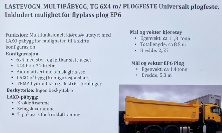 Foto av infoark som var plassert på kjøretøyet på overleveringsdagen.