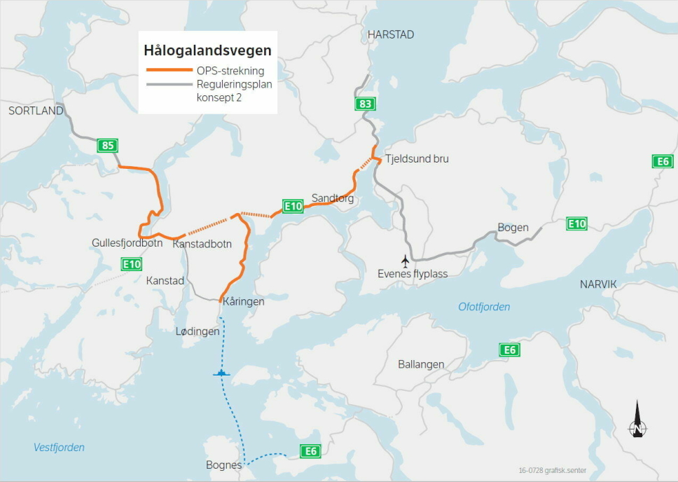 MILLIARD-PROSJEKT: Rammen (2021.kr) er satt til 18,3 milliarder kroner for OPS-prosjektet E10 Hålogalandsvegen (E10/rv. 85 Tjeldsund-Gullesfjordbotn-Langvassbukt).